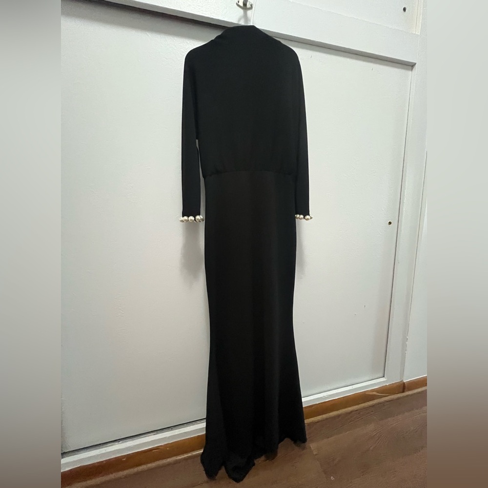 Badgley Mischka Black Long Sleeve Dress with Pearl Details